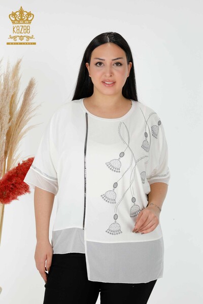 Wholesale Women's Blouse Tulle Detailed Patterned Ecru - 78871 | KAZEE - Thumbnail