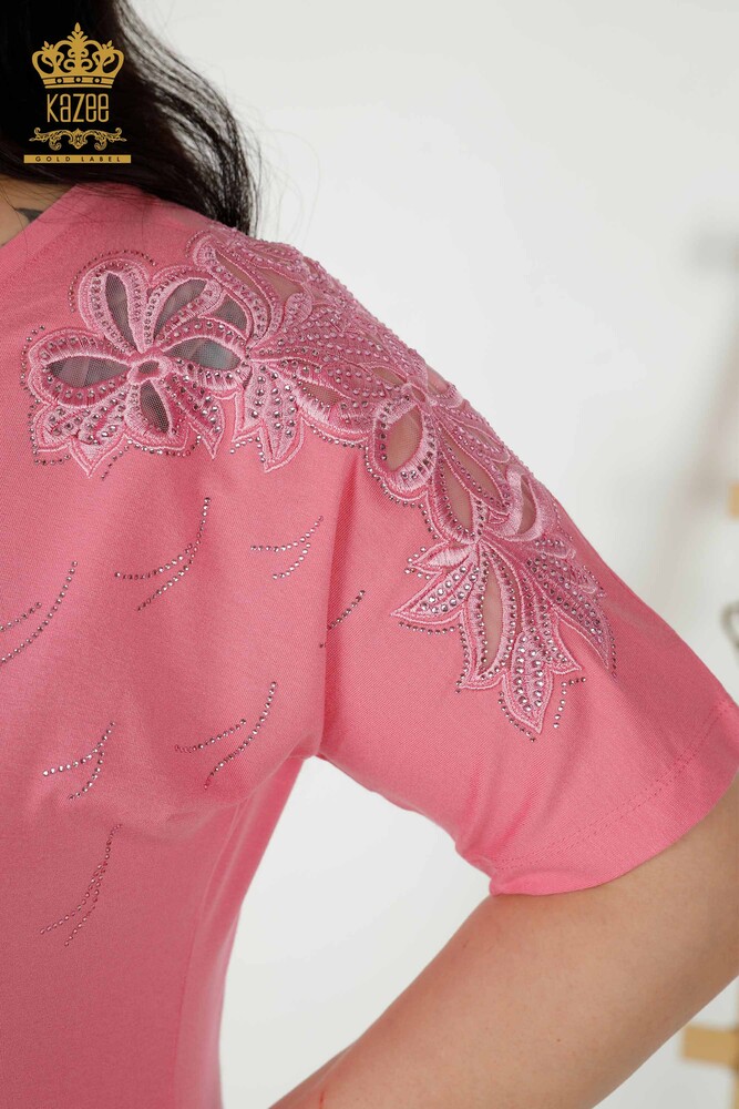 Wholesale Women's Blouse - Tulle Detailed - Pink - 79086 | KAZEE - 5