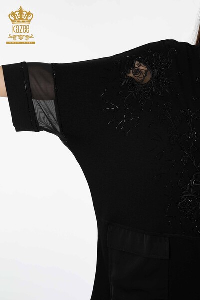 Wholesale Women's Blouse Tulle Detailed Black With Pocket - 79005 | KAZEE - Thumbnail