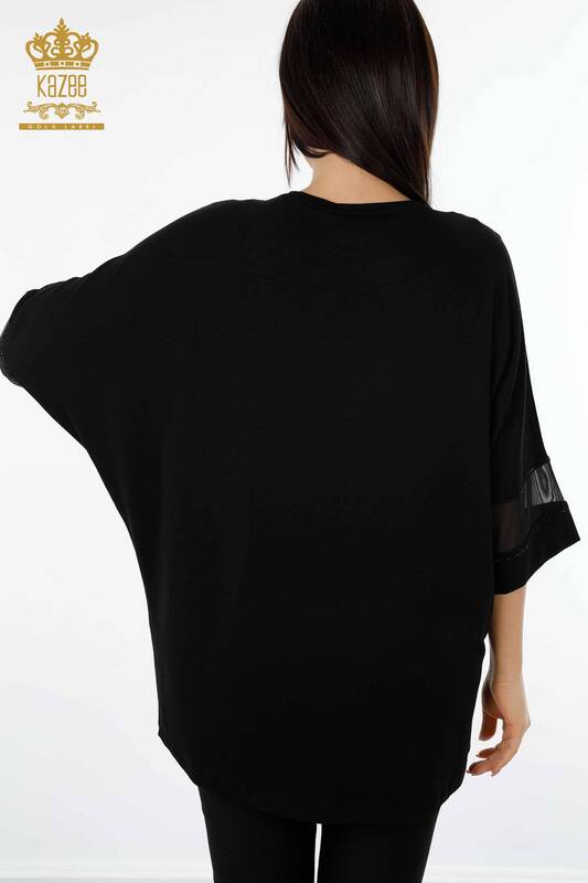 Wholesale Women's Blouse Tulle Detailed Black With Pocket - 79005 | KAZEE