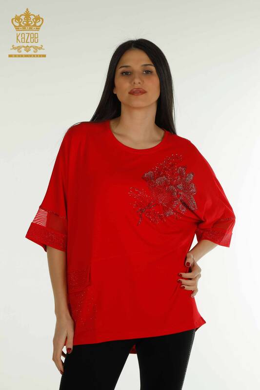 Wholesale Women's Blouse - Tulle Detailed - Red - 79298 | KAZEE