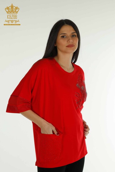 Wholesale Women's Blouse - Tulle Detailed - Red - 79298 | KAZEE - Thumbnail