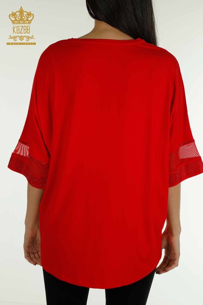 Wholesale Women's Blouse - Tulle Detailed - Red - 79298 | KAZEE - Thumbnail