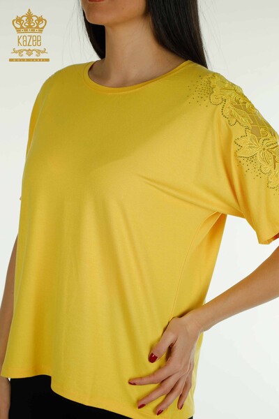 Wholesale Women's Blouse - Tulle Detailed - Saffron - 79390 | KAZEE - Thumbnail