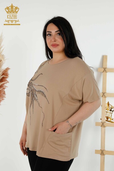 Wholesale Women's Blouse - Two Pockets - Beige - 79294 | KAZEE 