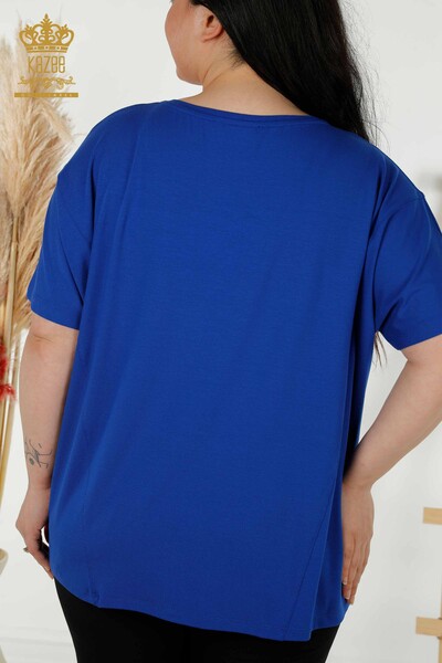 Wholesale Women's Blouse - Two Pockets - Dark Blue - 79294 | KAZEE - Thumbnail