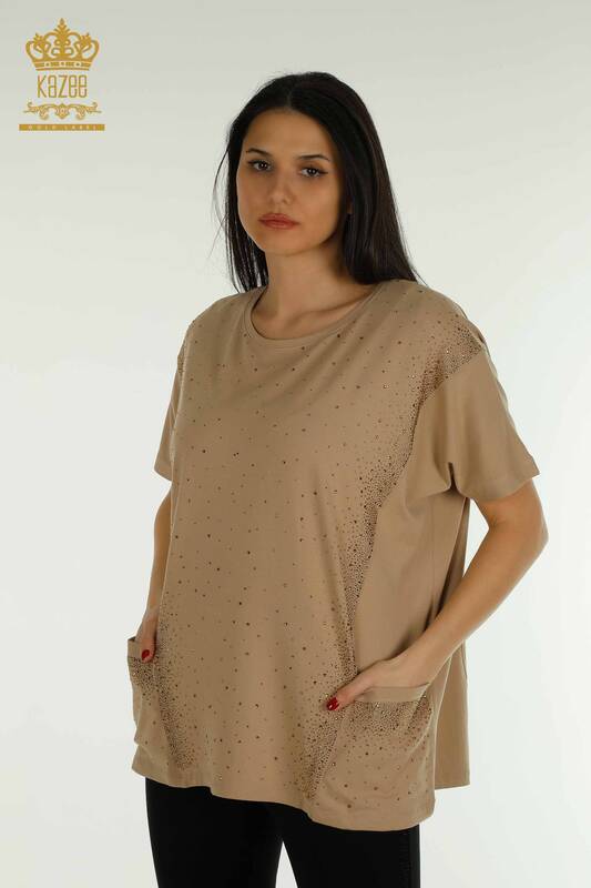 Wholesale Women's Blouse - Two Pockets - Short Sleeve - Beige - 79293 | KAZEE