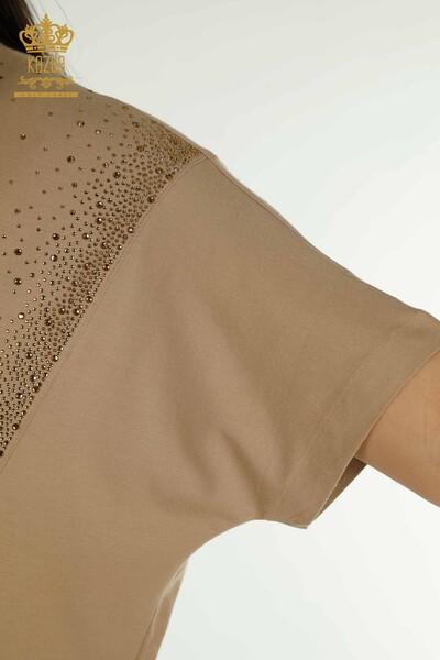 Wholesale Women's Blouse - Two Pockets - Short Sleeve - Beige - 79293 | KAZEE - Thumbnail