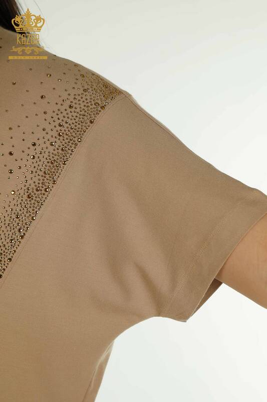 Wholesale Women's Blouse - Two Pockets - Short Sleeve - Beige - 79293 | KAZEE