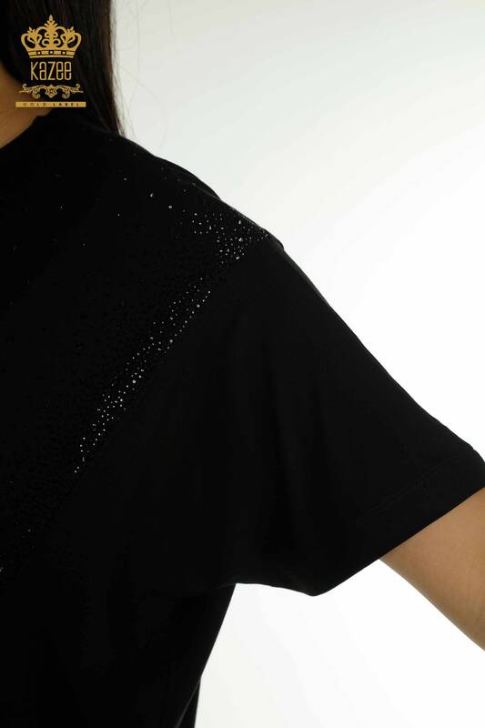 Wholesale Women's Blouse - Two Pockets - Short Sleeve - Black - 79293 | KAZEE