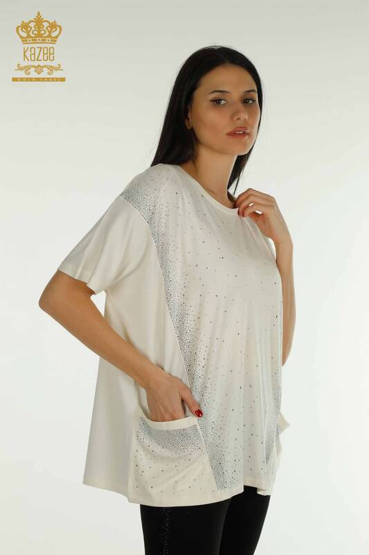 Wholesale Women's Blouse - Two Pockets - Short Sleeve - Ecru - 79293 | KAZEE