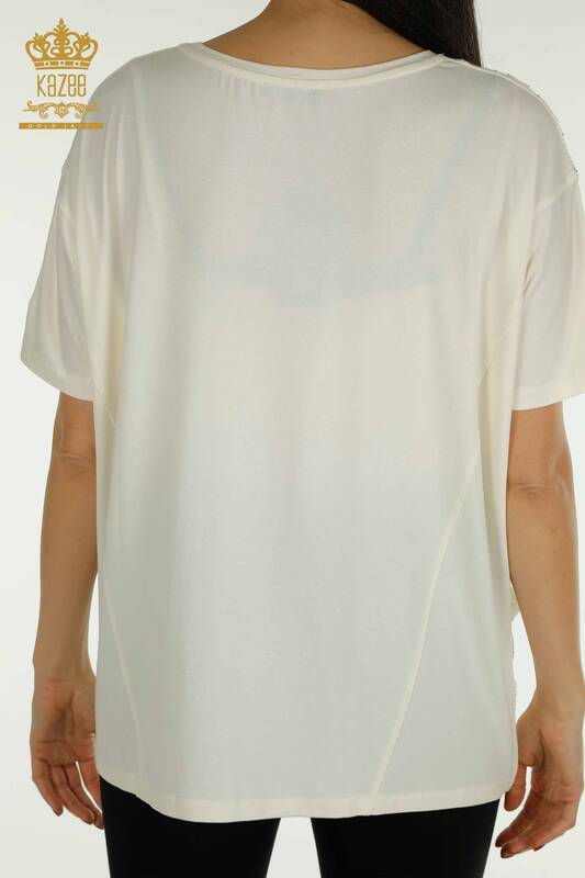 Wholesale Women's Blouse - Two Pockets - Short Sleeve - Ecru - 79293 | KAZEE