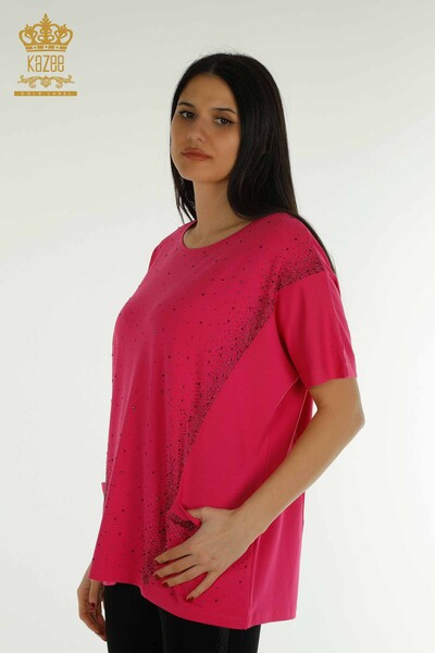 Wholesale Women's Blouse - Two Pockets - Short Sleeve - Fuchsia - 79293 | KAZEE - Thumbnail