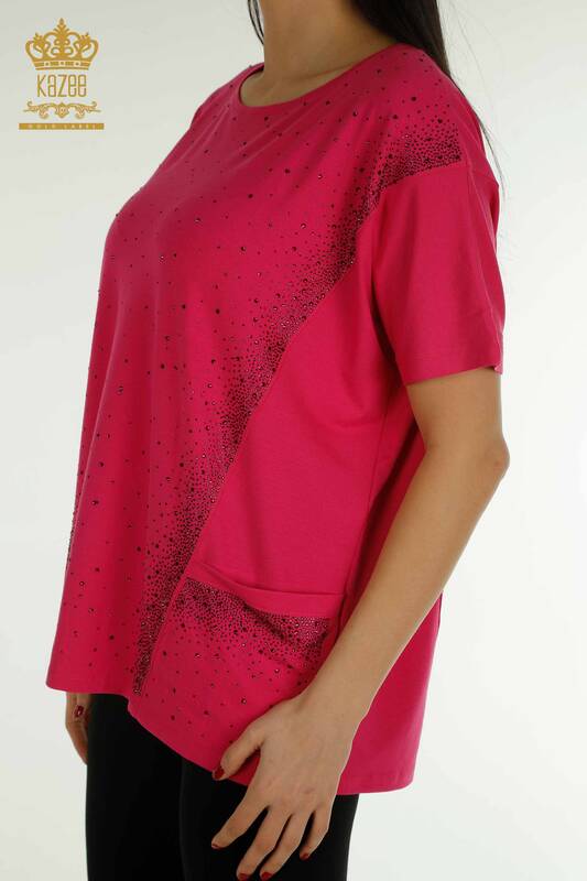 Wholesale Women's Blouse - Two Pockets - Short Sleeve - Fuchsia - 79293 | KAZEE