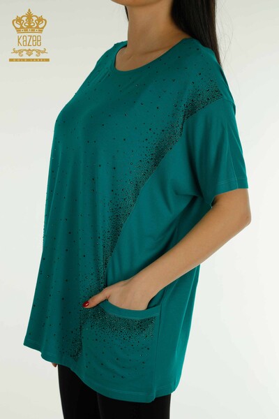 Wholesale Women's Blouse - Two Pockets - Short Sleeve - Green - 79293 | KAZEE - Thumbnail
