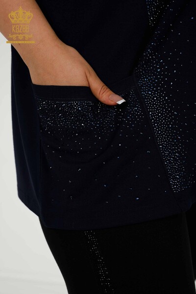 Wholesale Women's Blouse - Two Pockets - Short Sleeve - Navy Blue - 79293 | KAZEE - Thumbnail