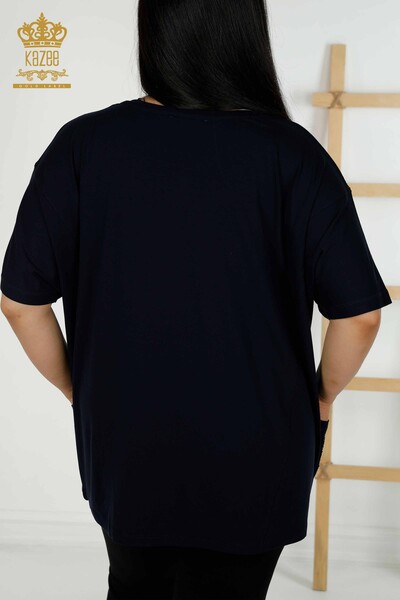 Wholesale Women's Blouse - Two Pockets - Short Sleeve - Navy Blue - 79293 | KAZEE - Thumbnail