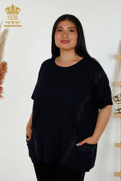 Wholesale Women's Blouse - Two Pockets - Short Sleeve - Navy Blue - 79293 | KAZEE 