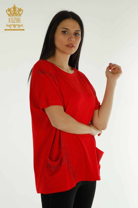Wholesale Women's Blouse - Two Pockets - Short Sleeve - Red - 79293 | KAZEE