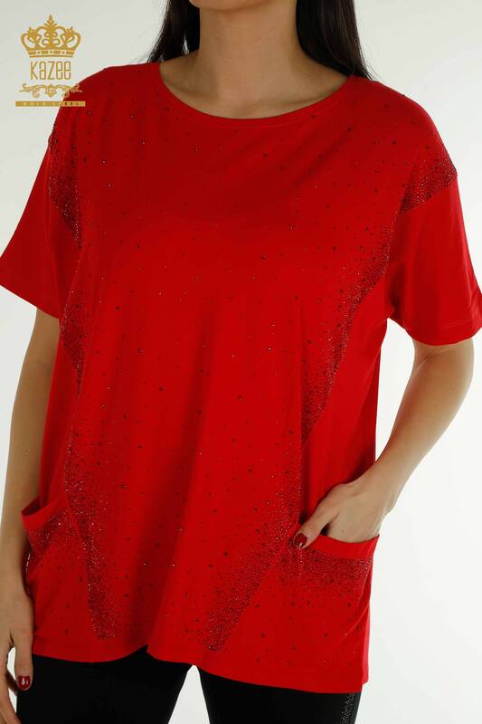 Wholesale Women's Blouse - Two Pockets - Short Sleeve - Red - 79293 | KAZEE