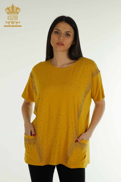 Wholesale Women's Blouse - Two Pockets - Short Sleeve - Saffron - 79293 | KAZEE - Thumbnail