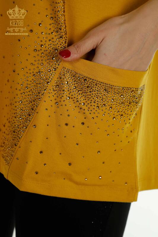 Wholesale Women's Blouse - Two Pockets - Short Sleeve - Saffron - 79293 | KAZEE