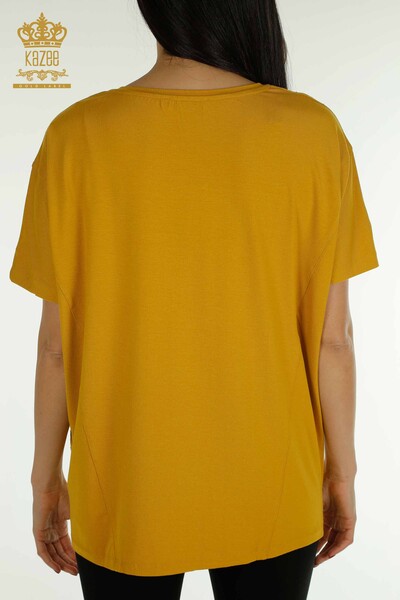 Wholesale Women's Blouse - Two Pockets - Short Sleeve - Saffron - 79293 | KAZEE - Thumbnail