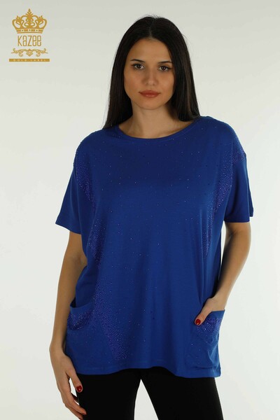 Wholesale Women's Blouse - Two Pockets - Short Sleeve - Saks - 79293 | KAZEE 