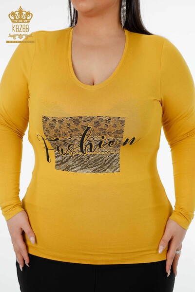 Wholesale Women's Blouse V Neck Saffron - 79006 | KAZEE - Thumbnail