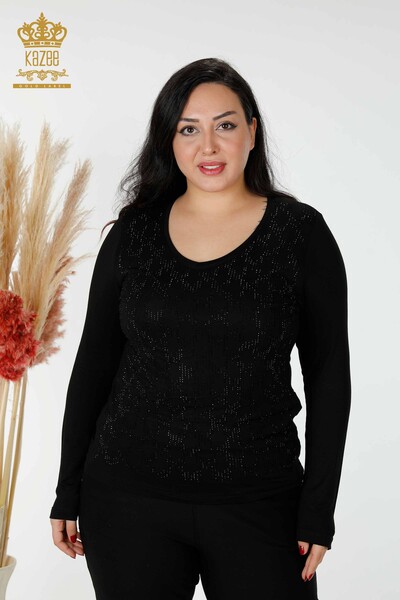 Wholesale Women's Blouse V Neck Stone Embroidered Black - 79016 | KAZEE - Thumbnail