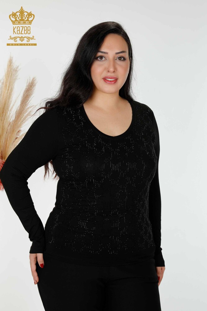 Wholesale Women's Blouse V Neck Stone Embroidered Black - 79016 | KAZEE - 3