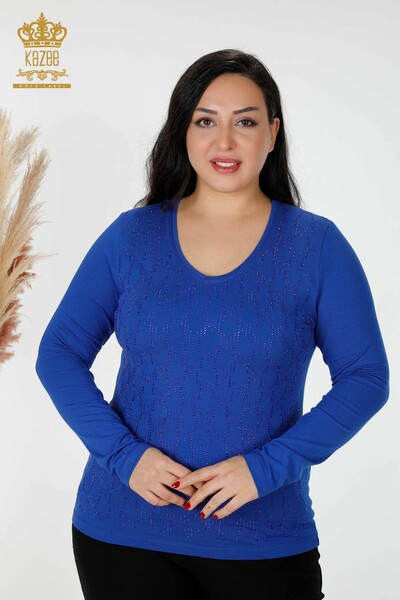 Wholesale Women's Blouse V Neck Stone Embroidered Saks - 79016 | KAZEE 