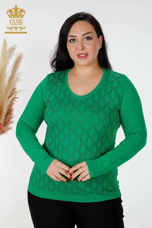 Wholesale Women's Blouse V Neck Stone Embroidered Green - 79016 | KAZEE