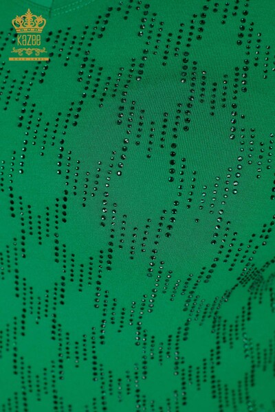 Wholesale Women's Blouse V Neck Stone Embroidered Green - 79016 | KAZEE - Thumbnail