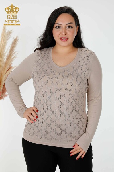 Wholesale Women's Blouse V Neck Stone Embroidered Mink - 79016 | KAZEE 