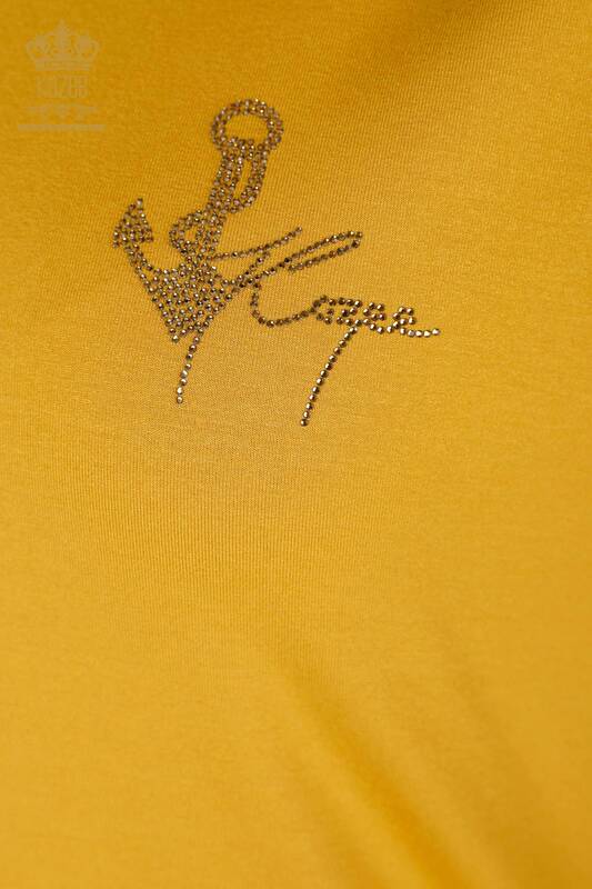 Wholesale Women's Blouse V Neck Stone Embroidered Saffron - 78931 | KAZEE