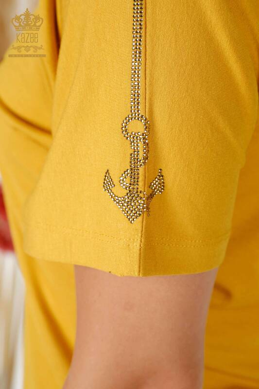 Wholesale Women's Blouse V Neck Stone Embroidered Saffron - 78931 | KAZEE