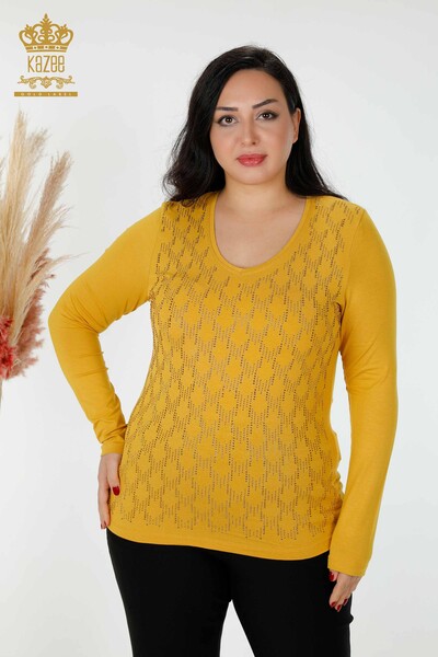 Wholesale Women's Blouse V Neck Stone Embroidered Saffron - 79016 | KAZEE 