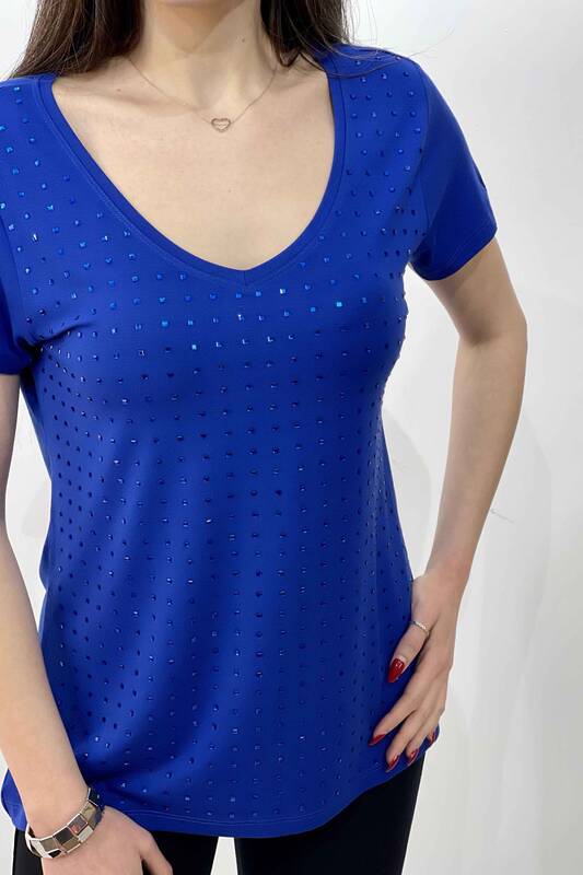 Wholesale Women's Blouse V Neck Stone Embroidery Short Sleeve - 77751 | KAZEE