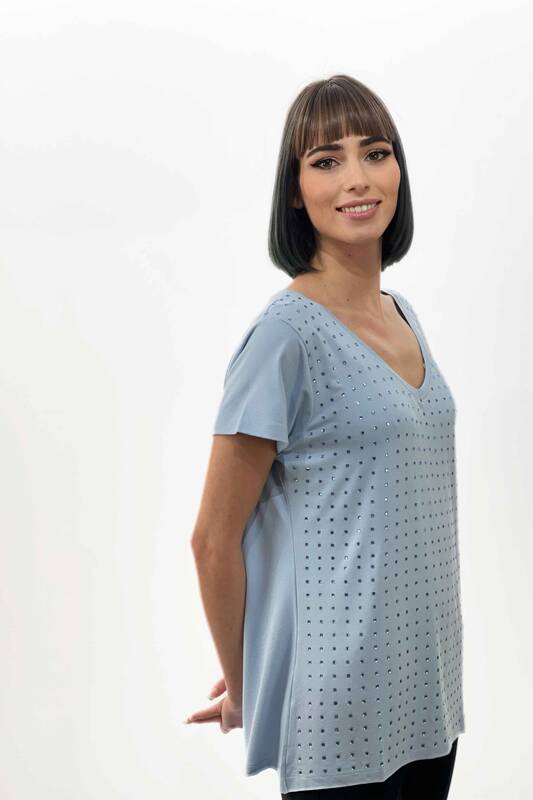 Wholesale Women's Blouse V Neck Stone Embroidery Short Sleeve - 77751 | KAZEE
