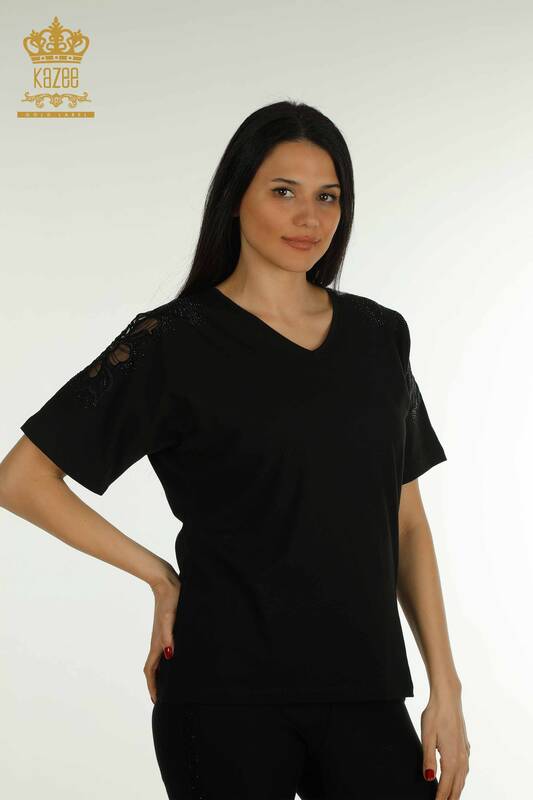 Wholesale Women's Blouse V Neck Black - 79550 | KAZEE