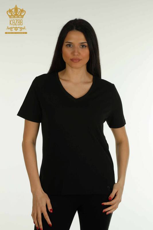 Wholesale Women's Blouse V Neck Black - 79564 | KAZEE