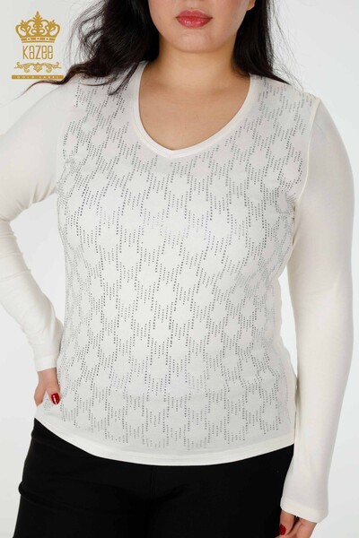 Wholesale Women's Blouse V Neck Stone Embroidered Ecru - 79016 | KAZEE - 2