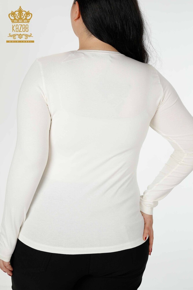 Wholesale Women's Blouse V Neck Stone Embroidered Ecru - 79016 | KAZEE - 5