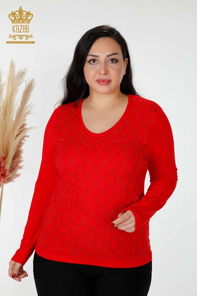 Wholesale Women's Blouse V Neck Stone Embroidered Red - 79016 | KAZEE - Thumbnail