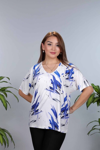 Wholesale Women's Blouse Cotton V Neck Digital Printed Striped - 12025 | KAZEE - Thumbnail