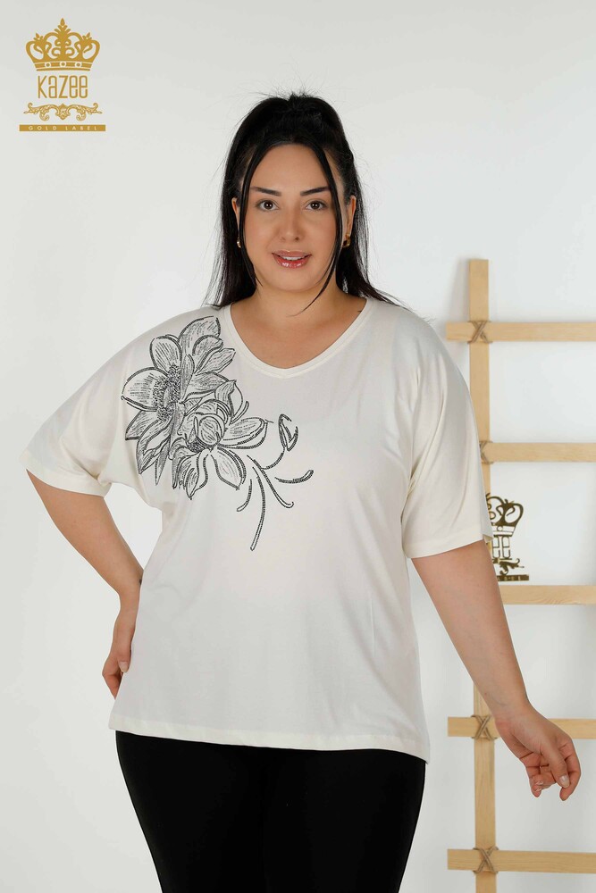 Wholesale Women's Blouse - V Neck - Ecru - 79341 | KAZEE - 1