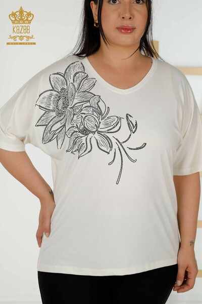 Wholesale Women's Blouse - V Neck - Ecru - 79341 | KAZEE - 2