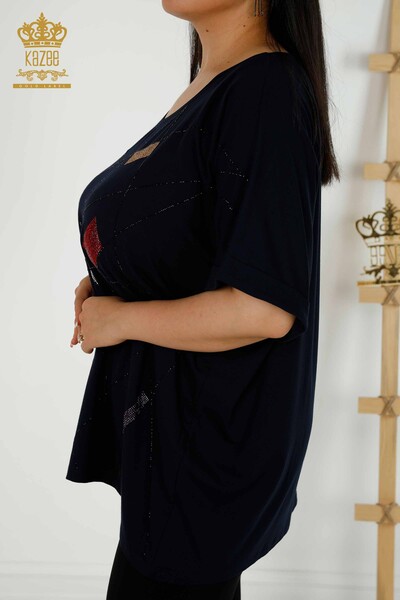 Wholesale Women's Blouse - V Neck - Navy Blue - 79320 | KAZEE - 7