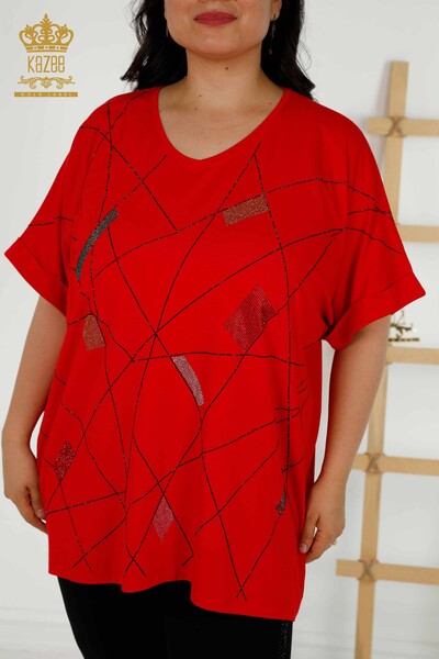 Wholesale Women's Blouse - V Neck - Red - 79320 | KAZEE - Thumbnail